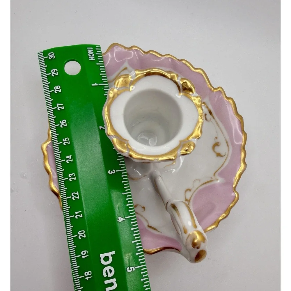 Antique Porcelain Chamberstick Candle Holder Pink Gold Gilt Finger Loop Mold 16